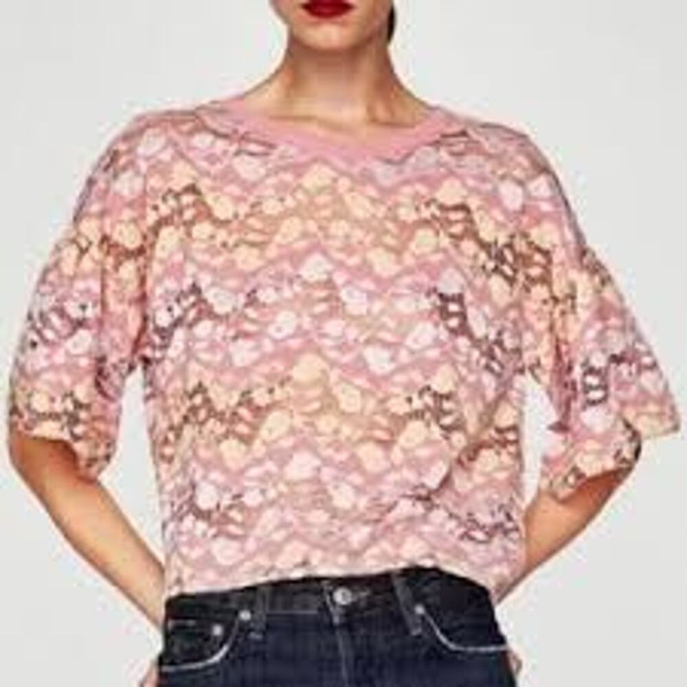 Zara Pink Lemonade Floral Lace Bell Sleeve Boxy Cropped Top Women's S